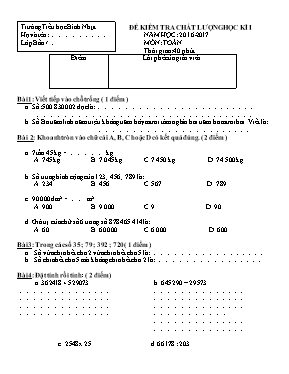 Đề kiểm tra chất lượng học kì I Toán lớp 5 - Năm học 2016-2017 - Trường Tiểu học Bình Nhựt